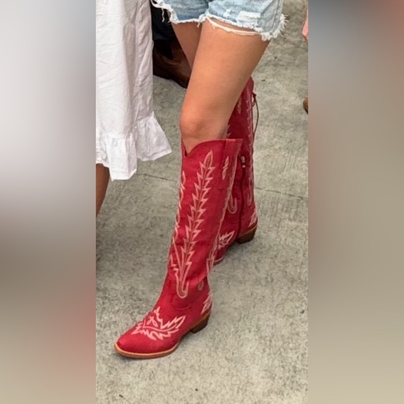 Shoes - Red Embroidered Western Knee-High Boots - Women
